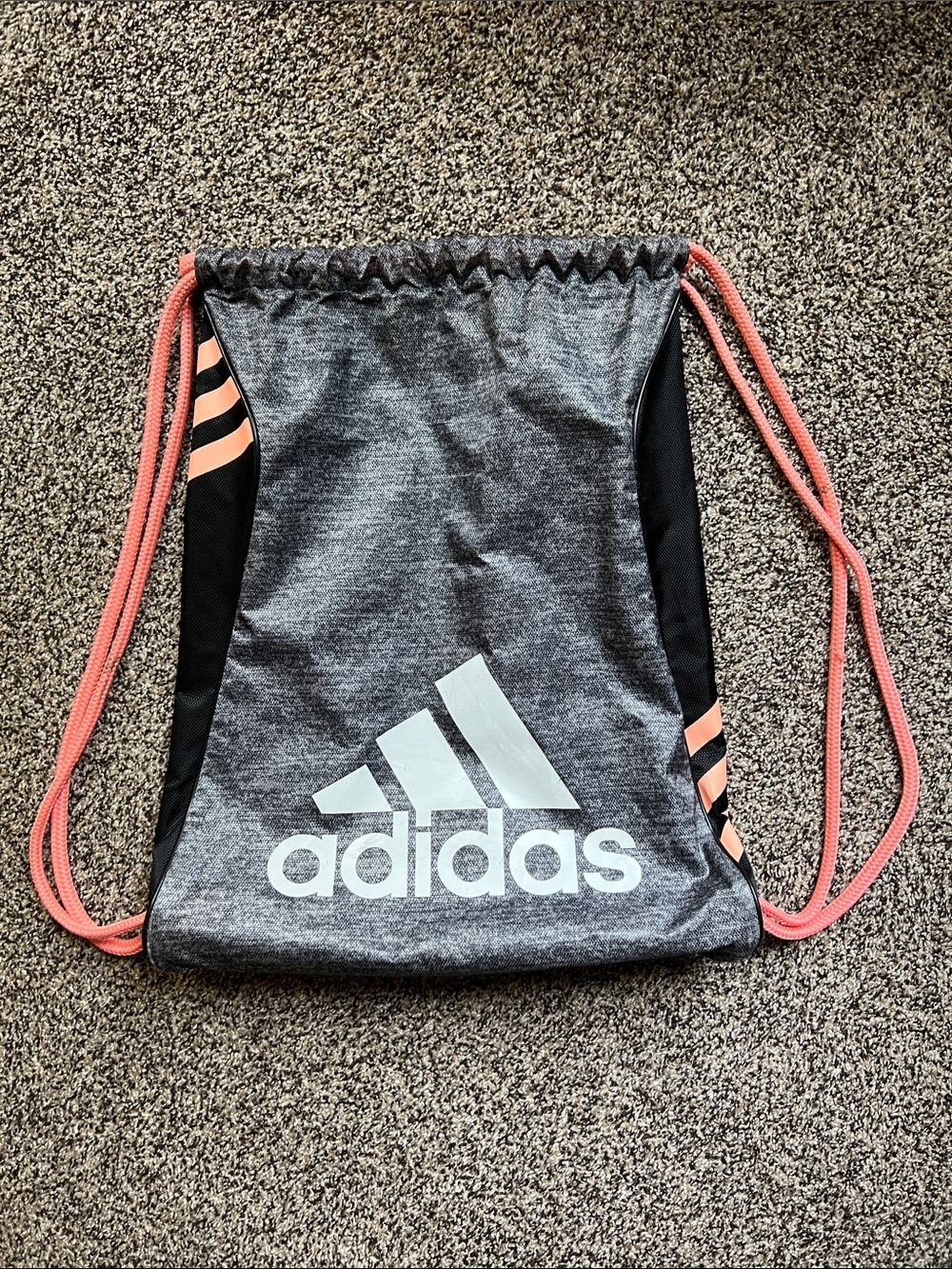adidas Heather Gray Drawstring Backpack with Coral Pink Accents